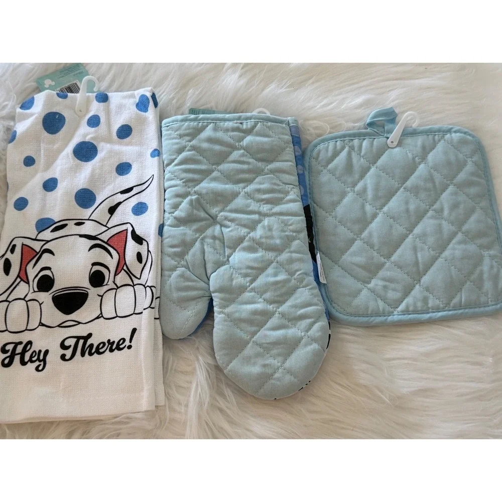 Disney 101 Dalmatians 3pc Kitchen Set Towel Oven Mitt Pot Holder Blue Polka Dot